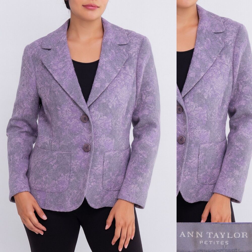 Ann Taylor Women’s Petite 2P Tweed Knit Floral Purple Blazer Jacket Wool Blend